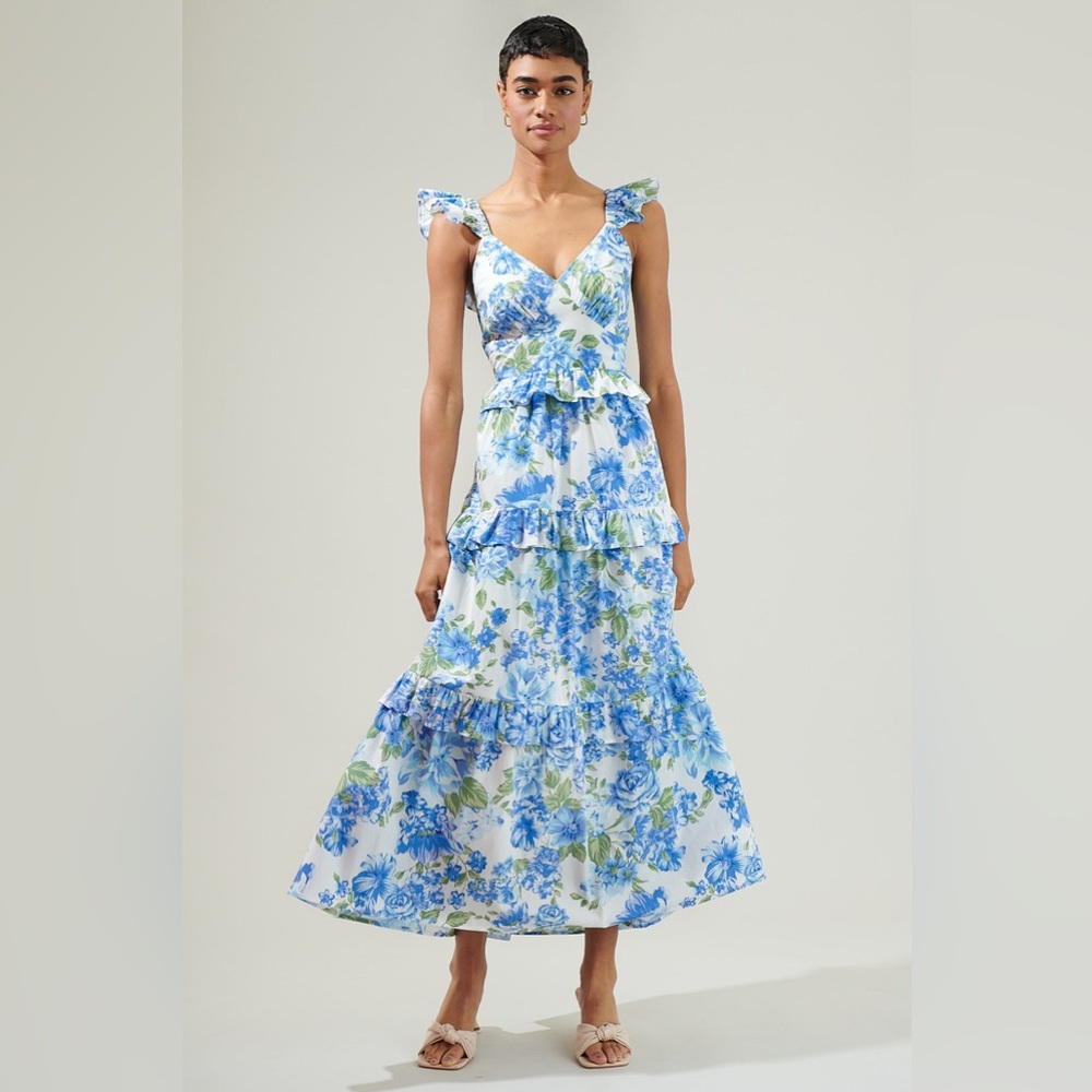 Sugarlips Truth Be Told Blue Floral Tiered Maxi Dress Size XS NWT